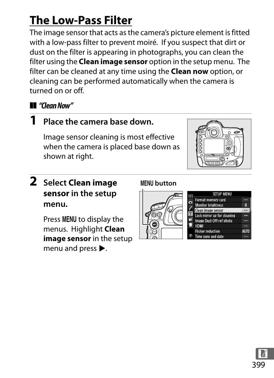 The low-pass filter, Clean now | Nikon D4 User Manual | Page 425 / 484