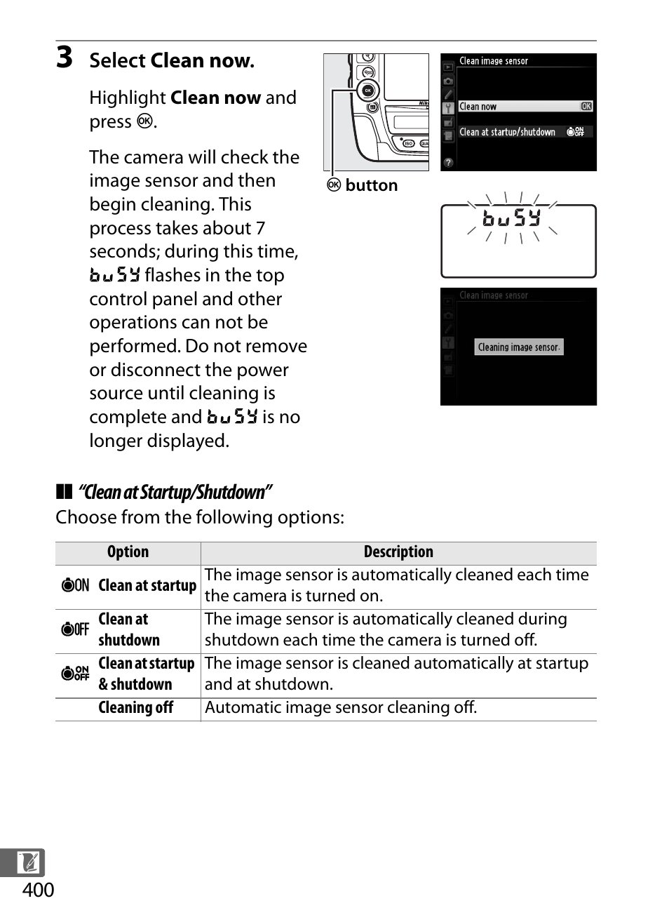 Clean at startup/shutdown | Nikon D4 User Manual | Page 426 / 484