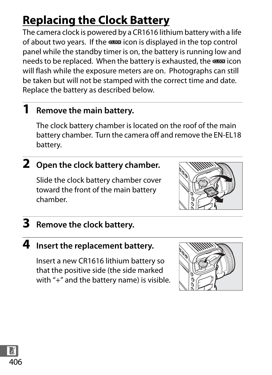 Replacing the clock battery | Nikon D4 User Manual | Page 432 / 484