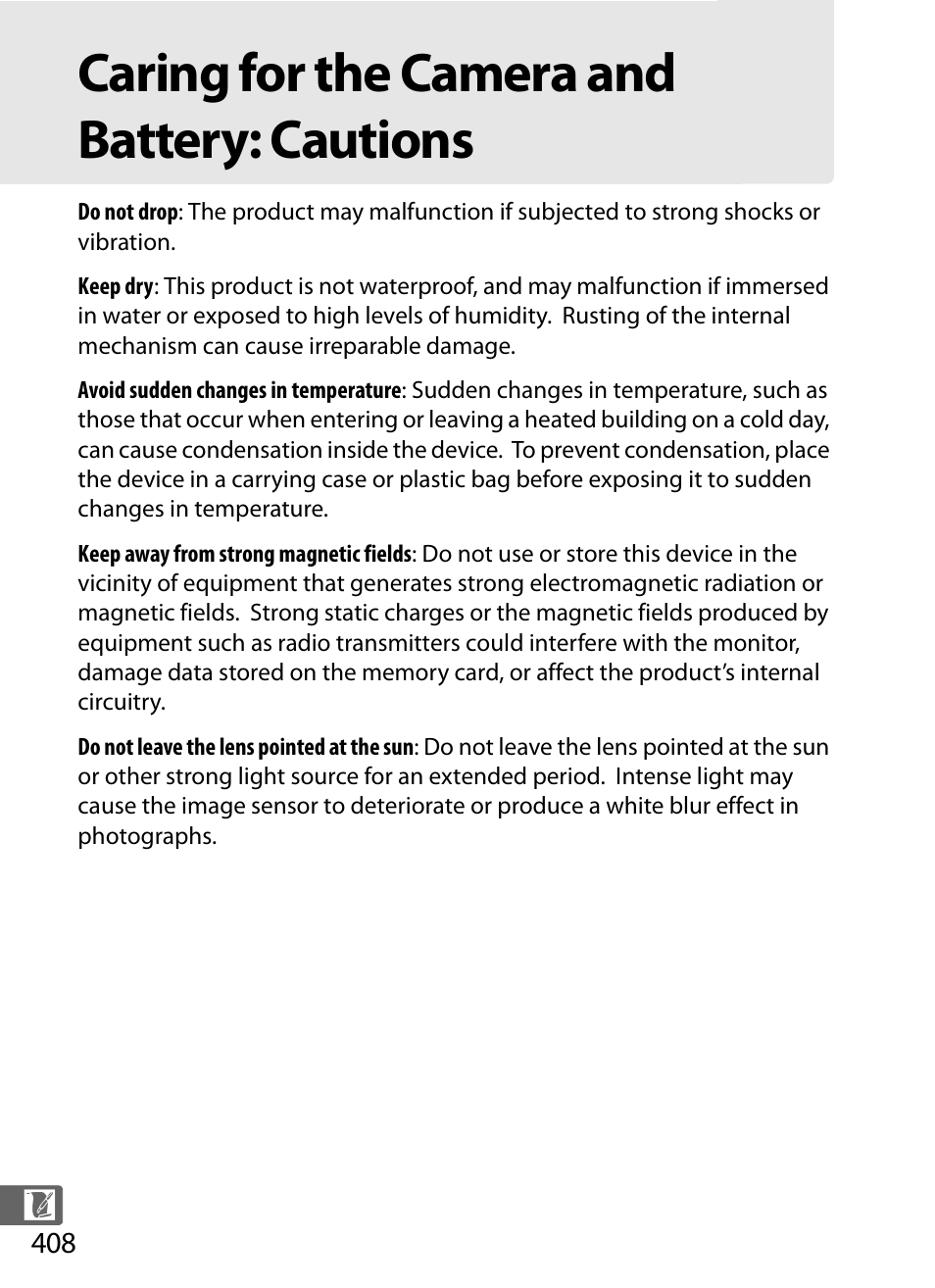 Caring for the camera and battery: cautions, And 408–411 | Nikon D4 User Manual | Page 434 / 484