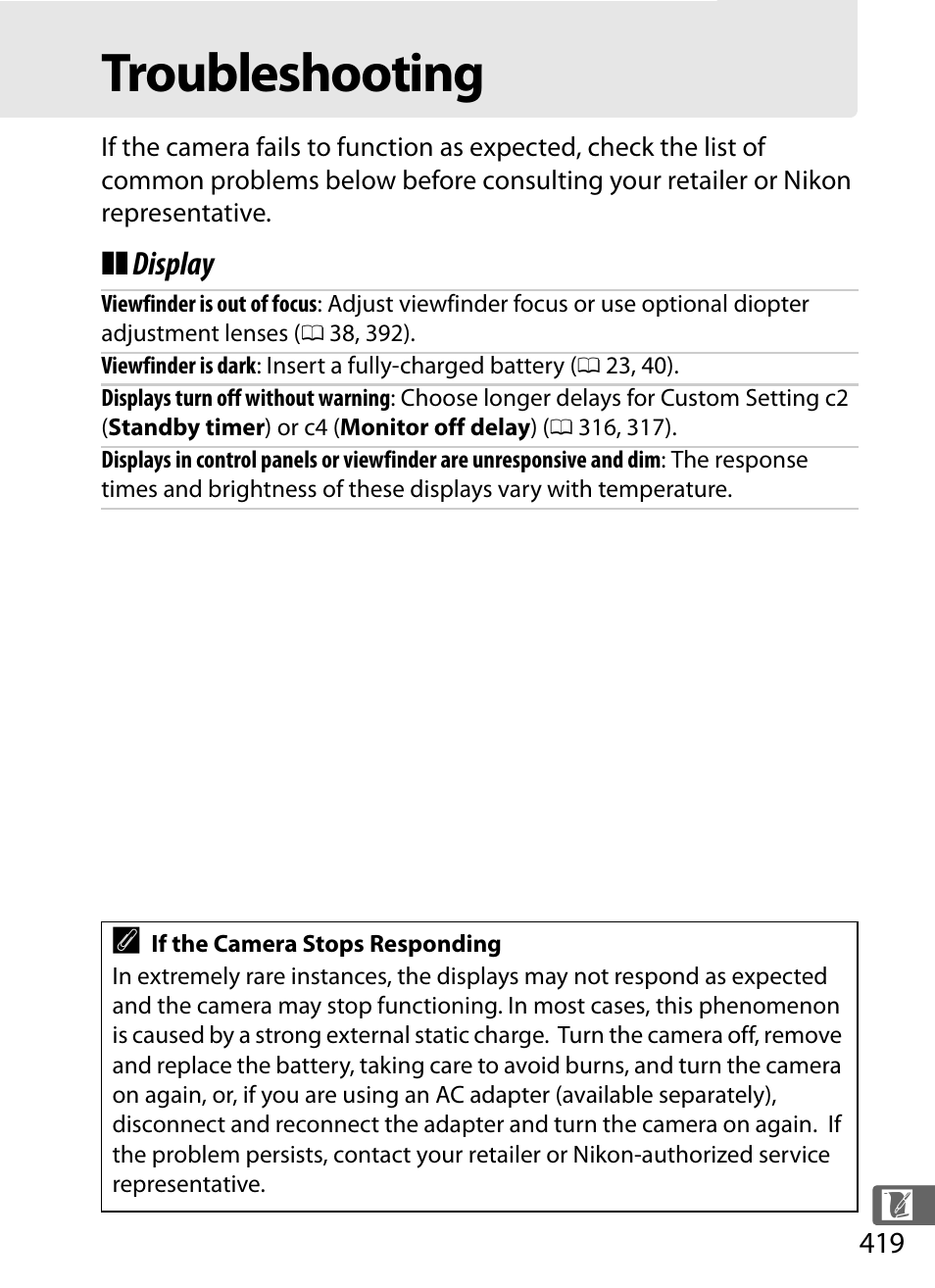 Troubleshooting, Display | Nikon D4 User Manual | Page 445 / 484