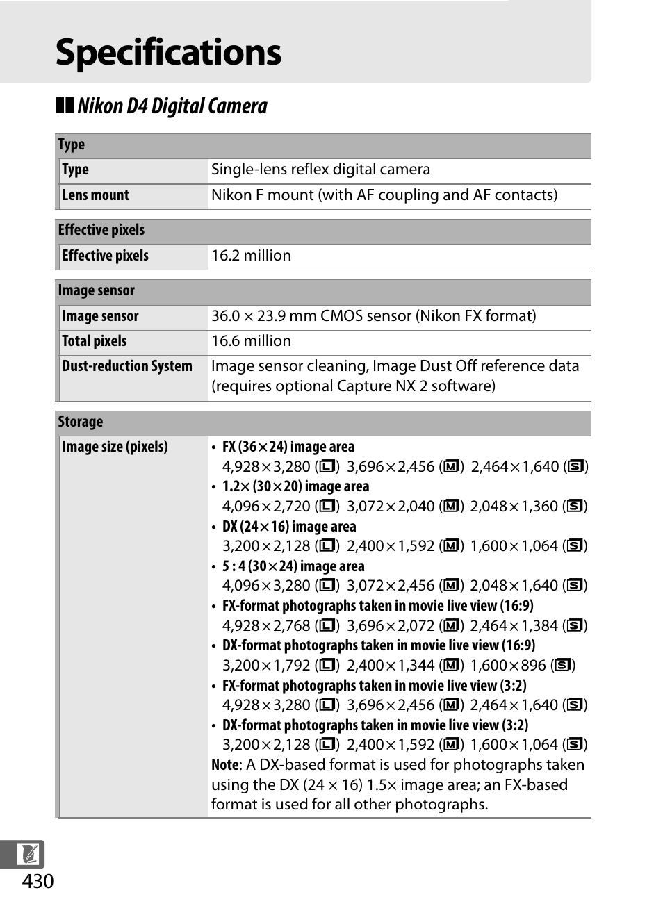 Specifications, Nikon d4 digital camera | Nikon D4 User Manual | Page 456 / 484