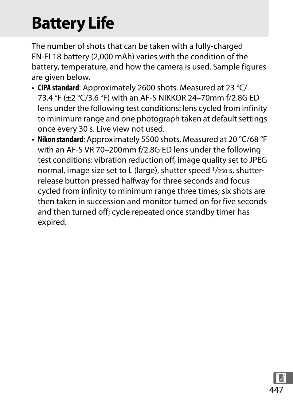 Battery life | Nikon D4 User Manual | Page 473 / 484