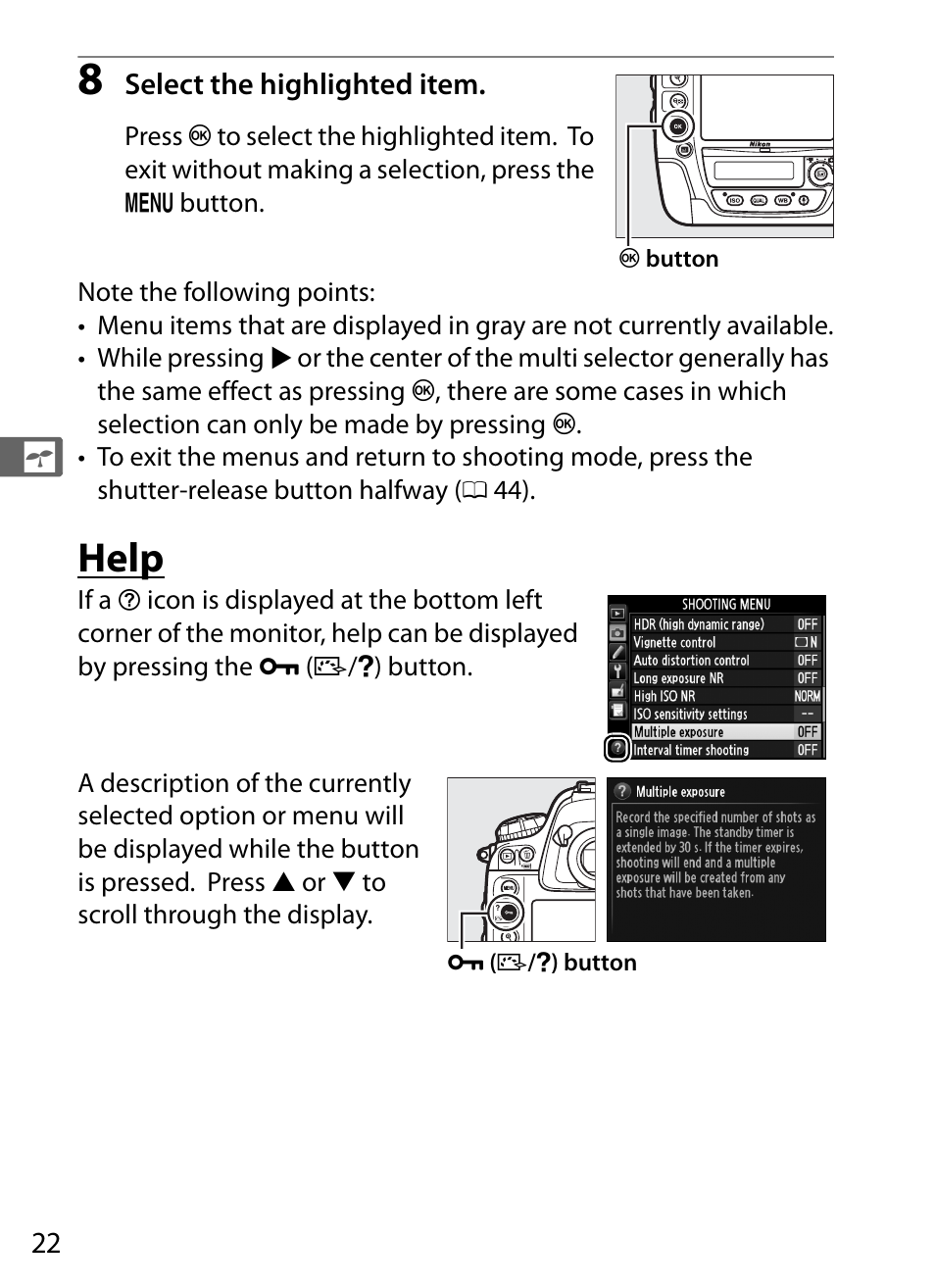 Help, 22 f | Nikon D4 User Manual | Page 48 / 484