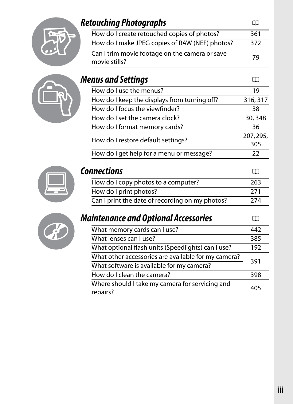 Retouching photographs, Menus and settings, Connections | Maintenance and optional accessories | Nikon D4 User Manual | Page 5 / 484
