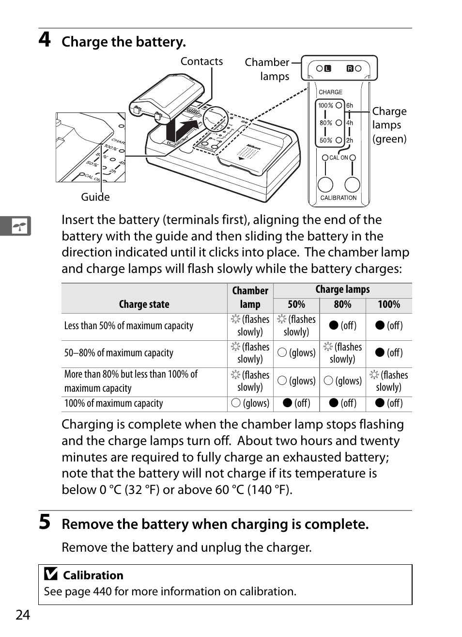 Charge the battery, Remove the battery when charging is complete | Nikon D4 User Manual | Page 50 / 484