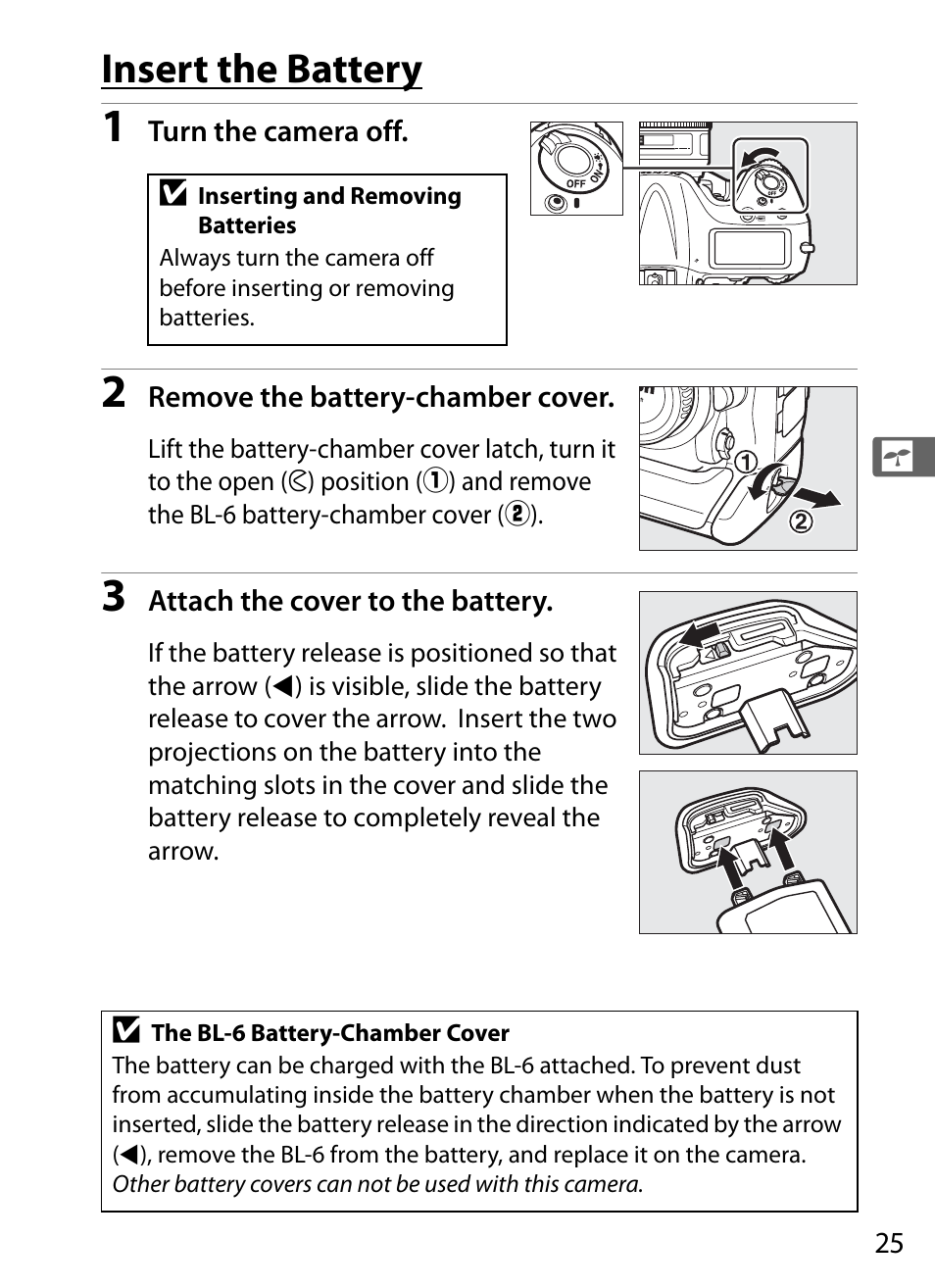 Insert the battery, 0 25) the batt | Nikon D4 User Manual | Page 51 / 484