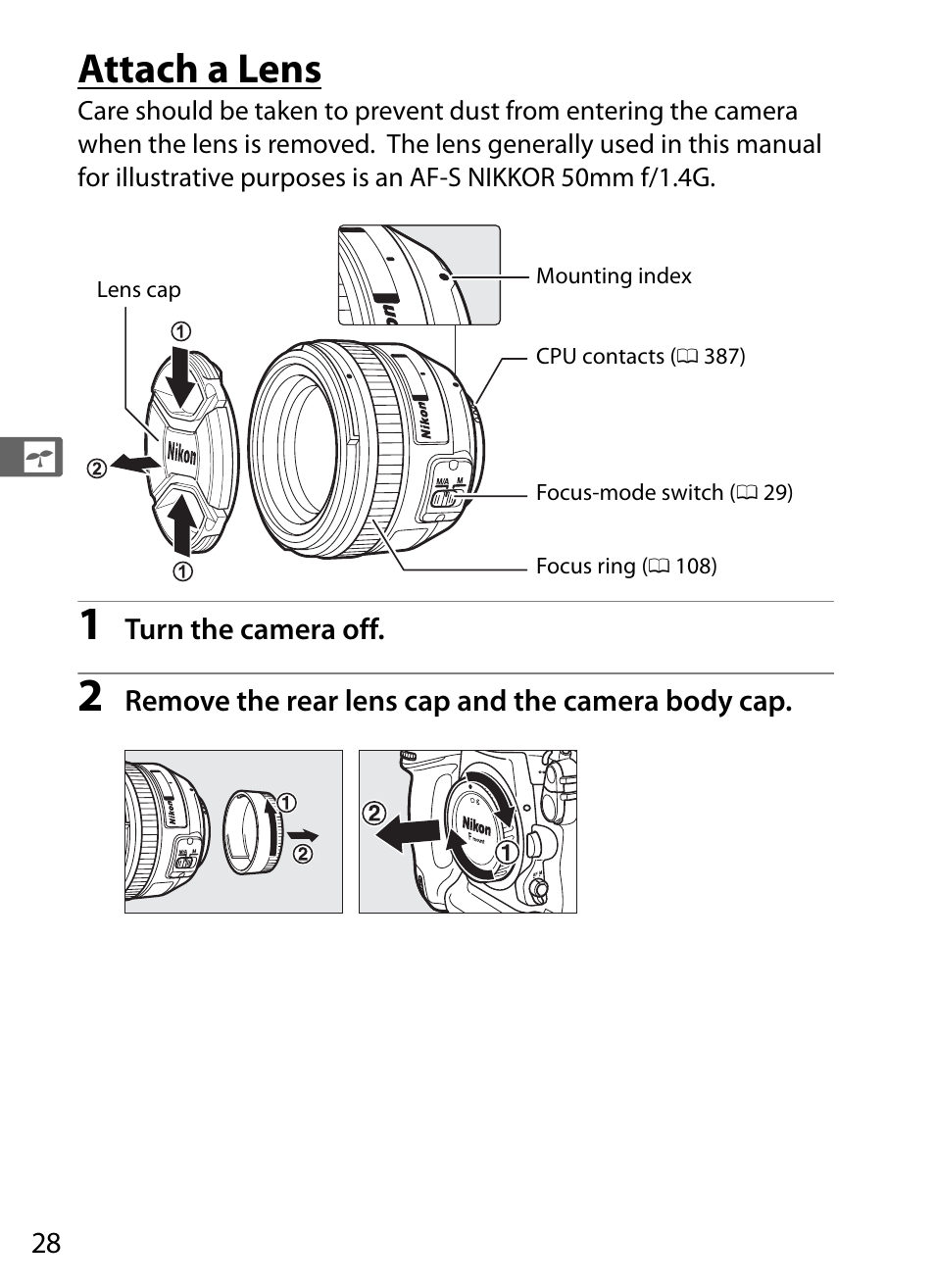 Attach a lens | Nikon D4 User Manual | Page 54 / 484