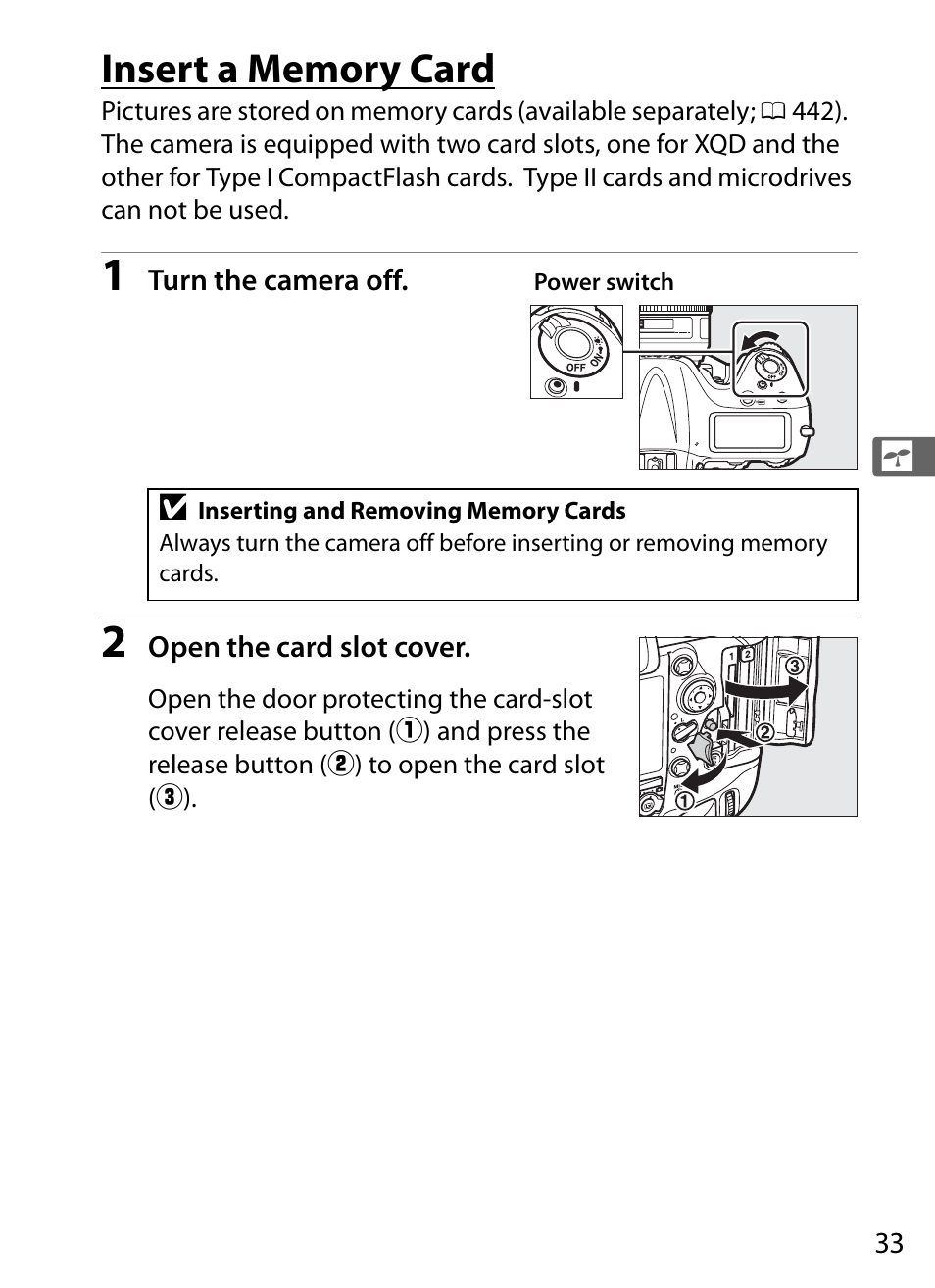 Insert a memory card | Nikon D4 User Manual | Page 59 / 484