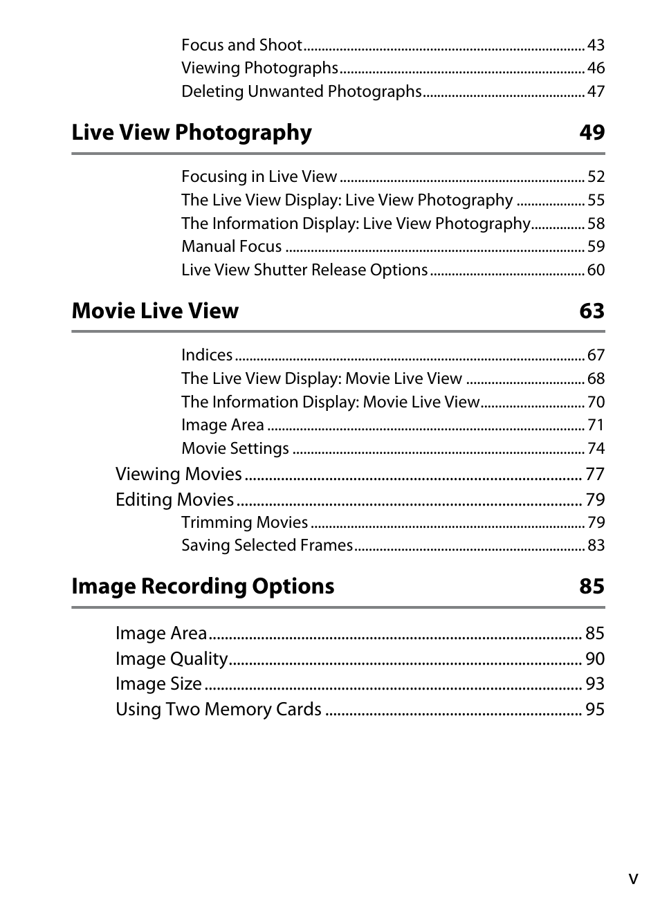 Live view photography 49, Movie live view 63, Image recording options 85 | Nikon D4 User Manual | Page 7 / 484