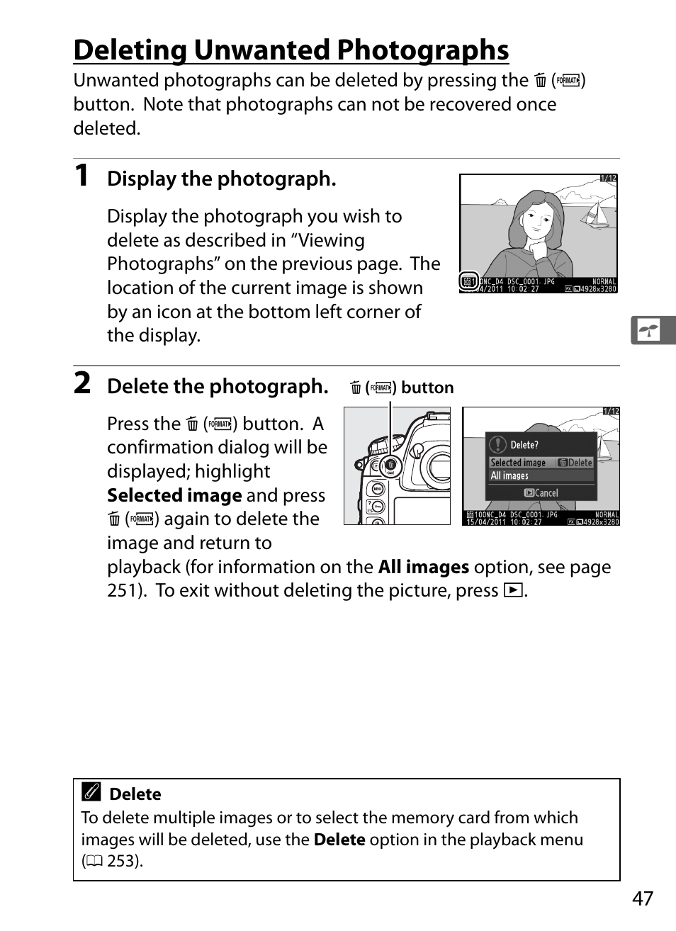 Deleting unwanted photographs | Nikon D4 User Manual | Page 73 / 484