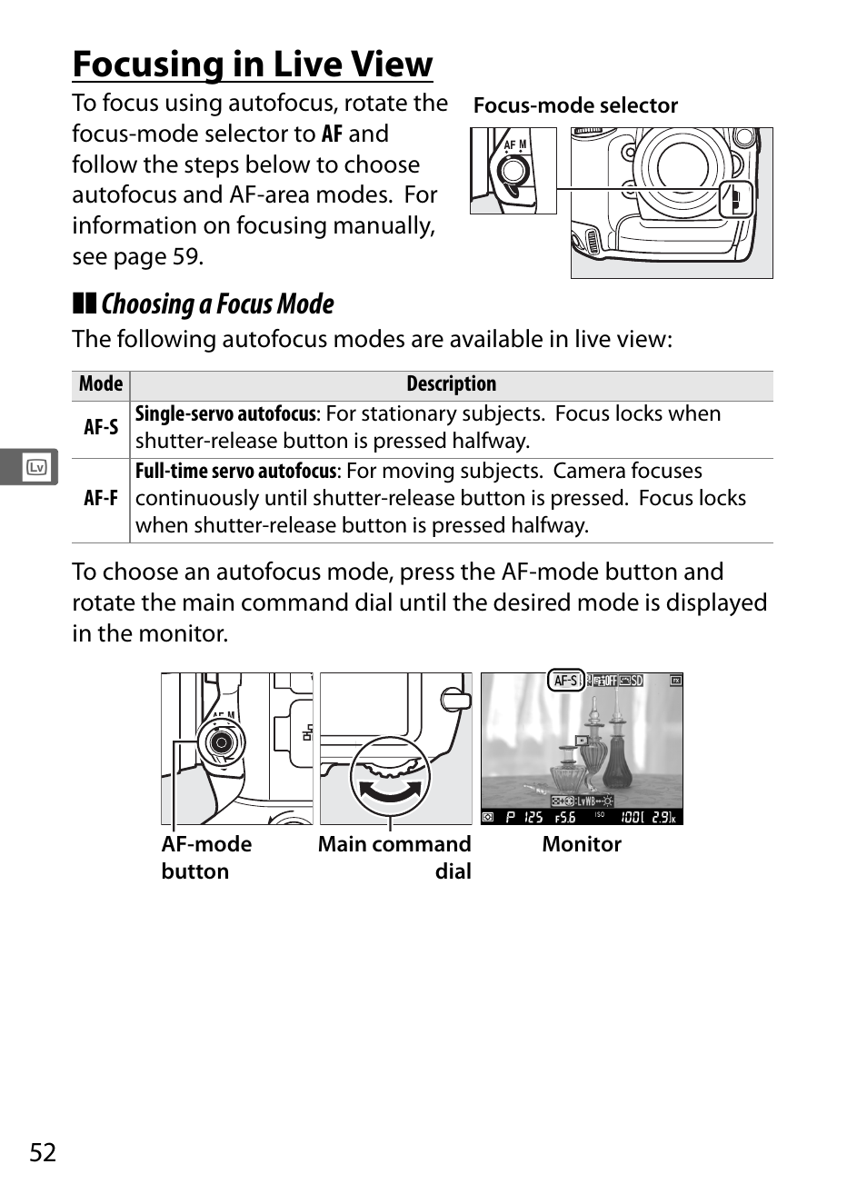 Focusing in live view, Choosing a focus mode | Nikon D4 User Manual | Page 78 / 484