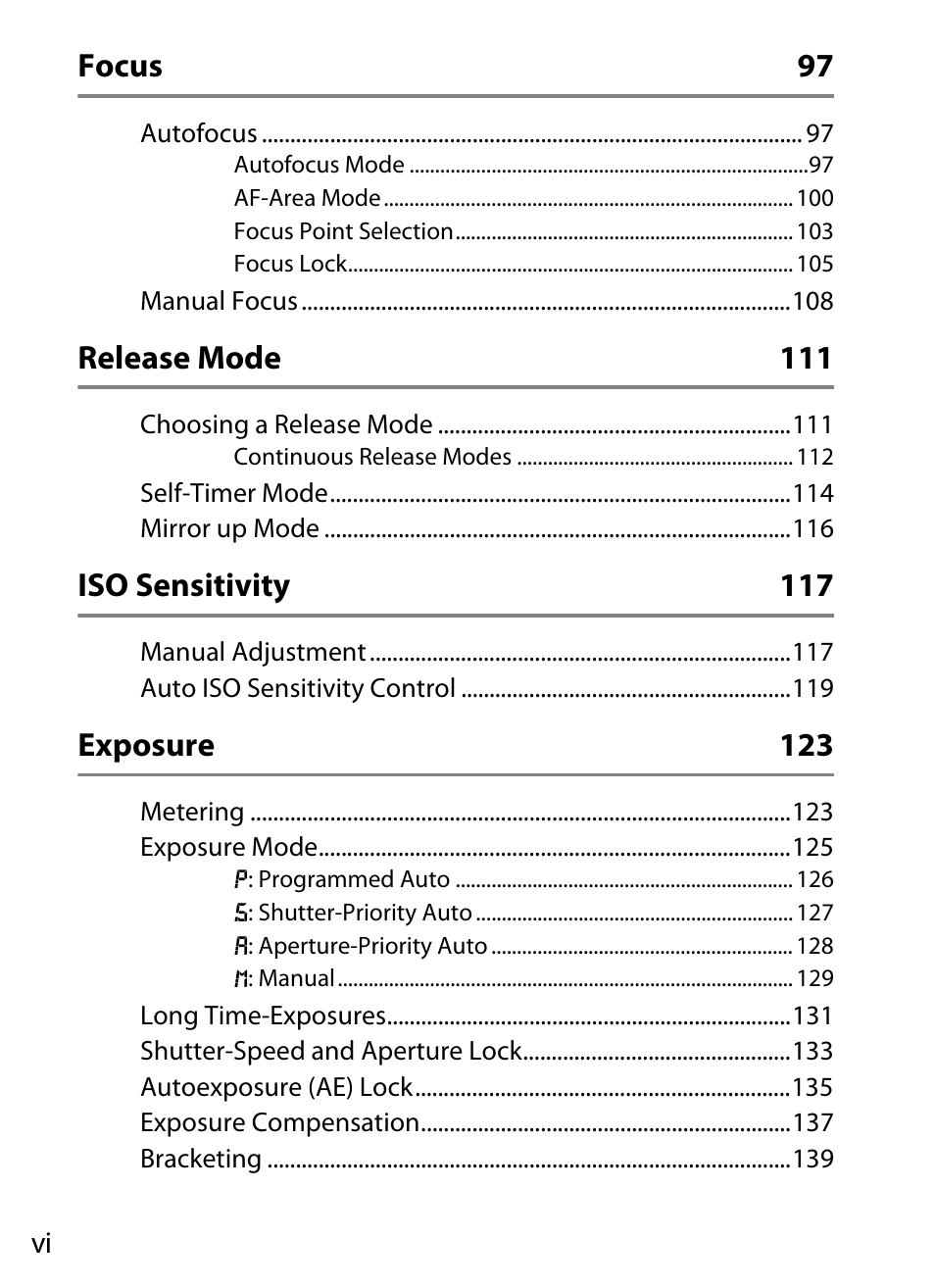 Focus 97, Release mode 111, Iso sensitivity 117 | Exposure 123 | Nikon D4 User Manual | Page 8 / 484