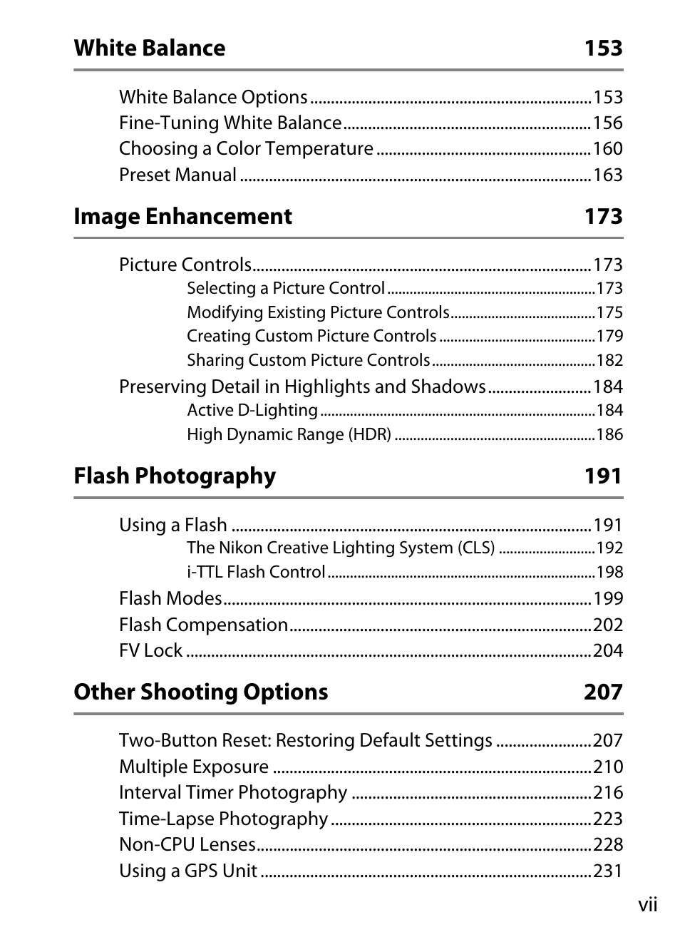 White balance 153, Image enhancement 173, Flash photography 191 | Other shooting options 207 | Nikon D4 User Manual | Page 9 / 484