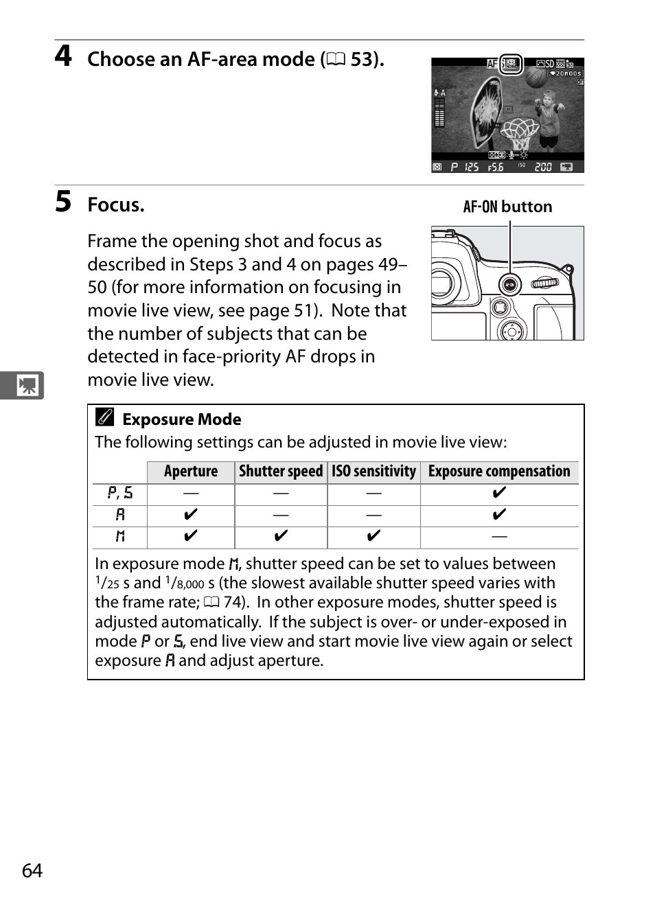 Choose an af-area mode ( 0 53), Focus | Nikon D4 User Manual | Page 90 / 484