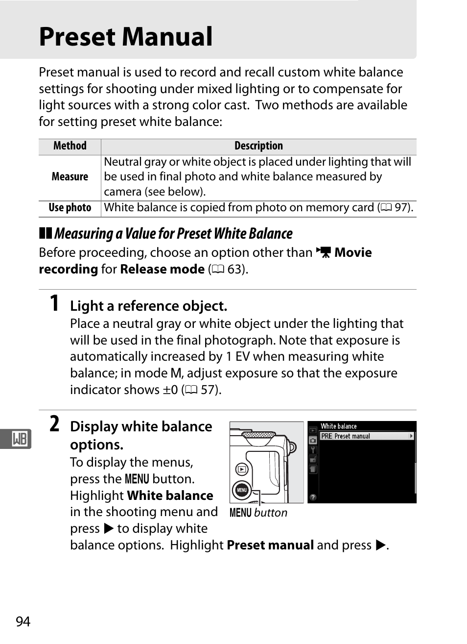 Preset manual, E (0 94 | Nikon COOLPIX-A User Manual | Page 114 / 278