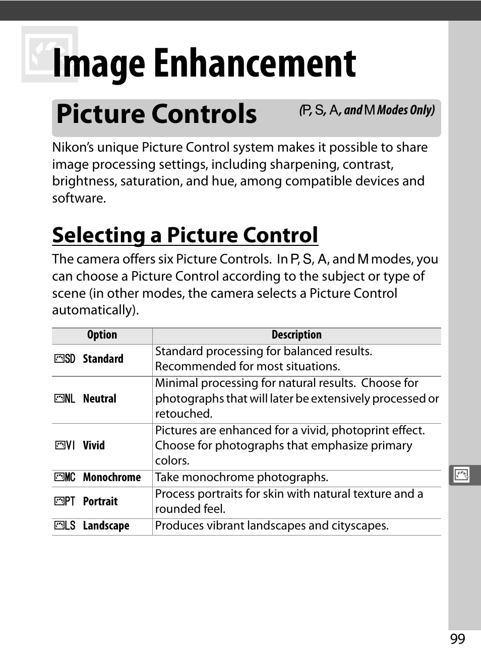 Image enhancement, Picture controls, Selecting a picture control | Nikon COOLPIX-A User Manual | Page 119 / 278