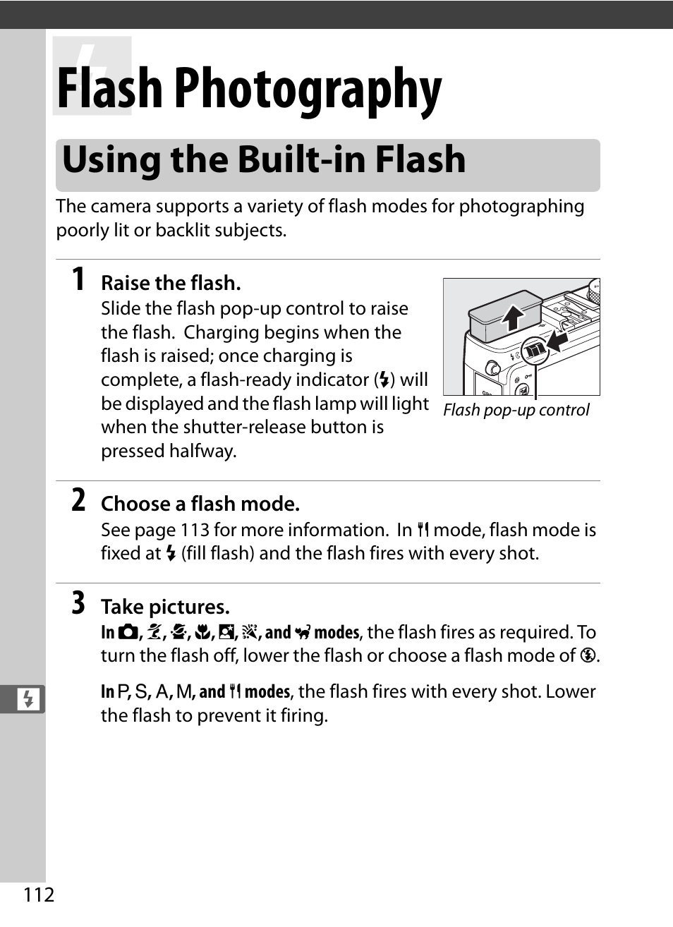 Flash photography, Using the built-in flash | Nikon COOLPIX-A User Manual | Page 132 / 278