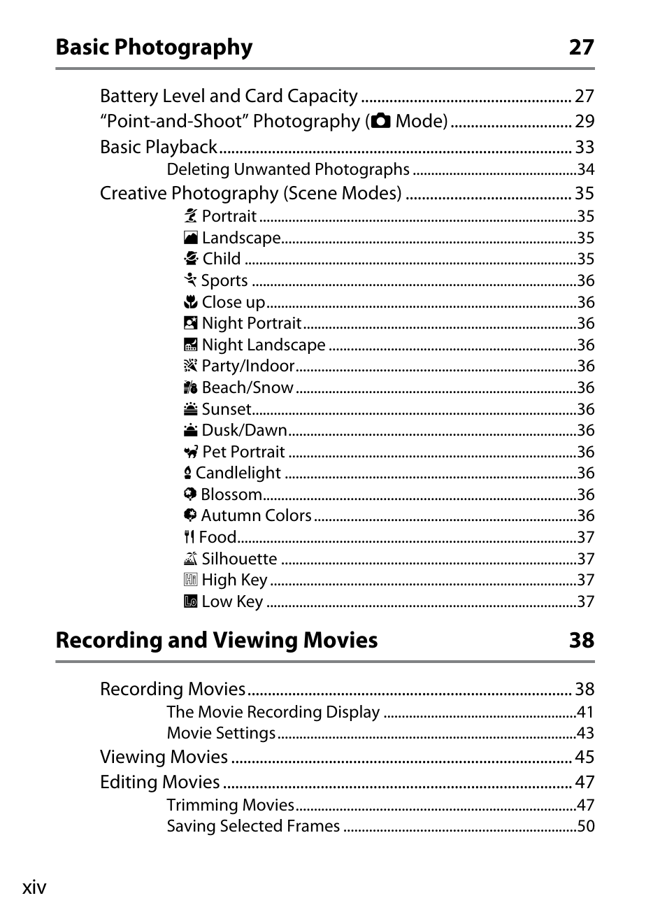 Basic photography 27, Recording and viewing movies 38 | Nikon COOLPIX-A User Manual | Page 14 / 278