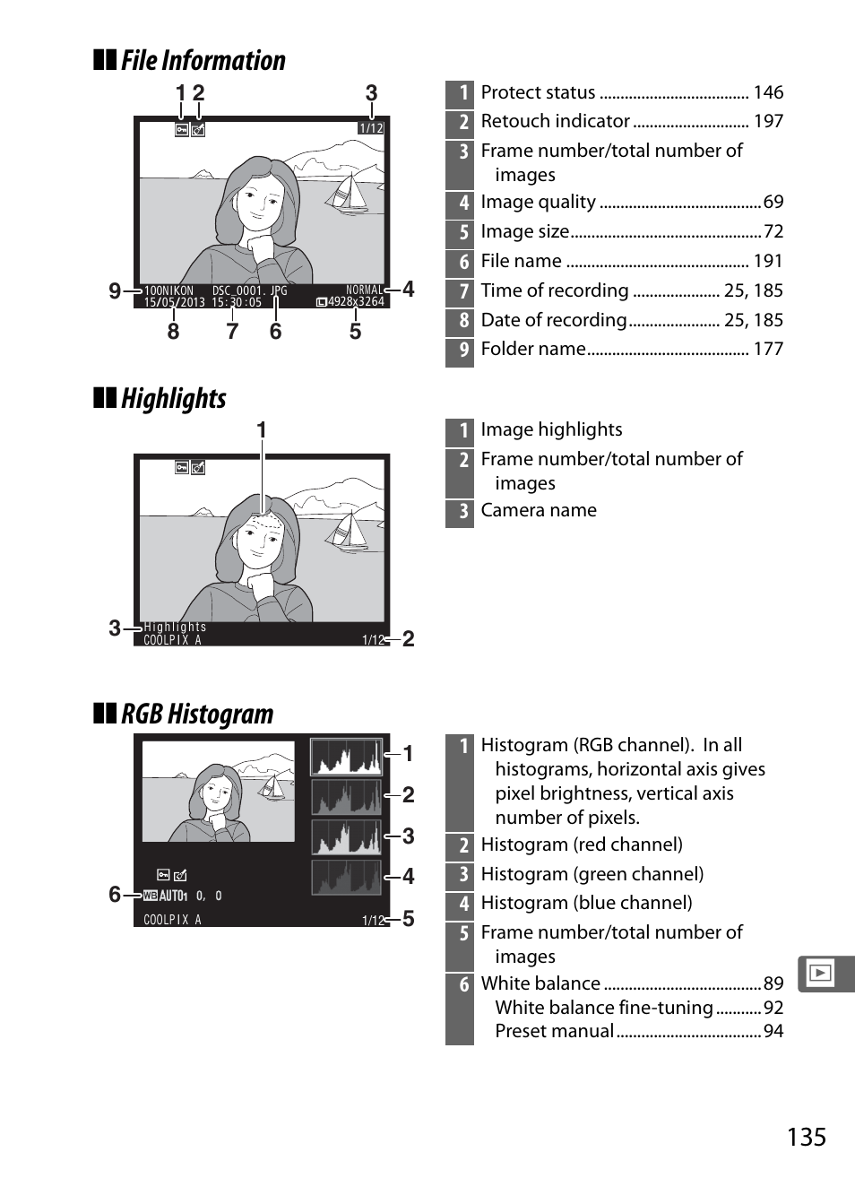 File information ❚❚ highlights ❚❚ rgb histogram | Nikon COOLPIX-A User Manual | Page 155 / 278