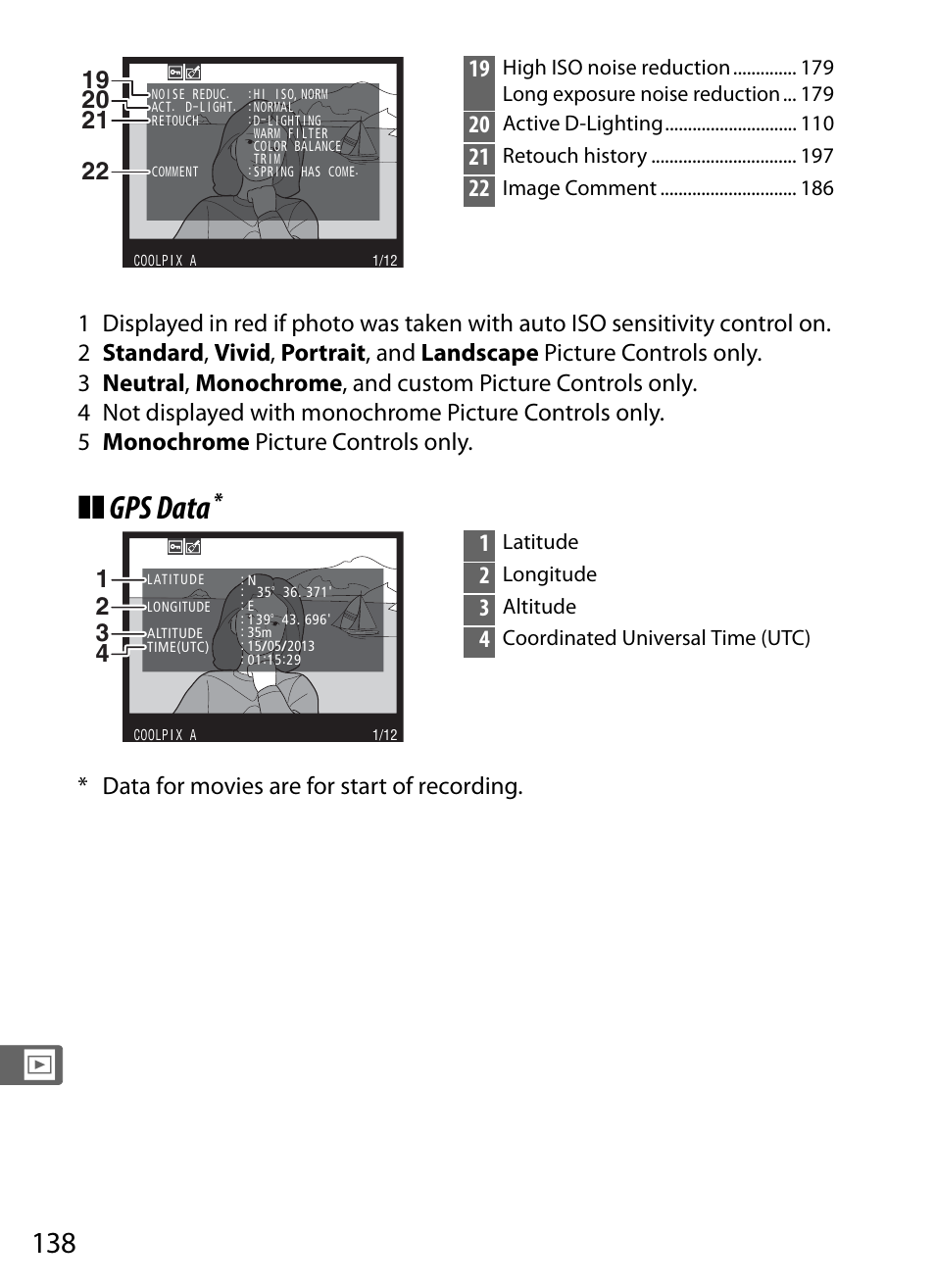 Gps data, Data for movies are for start of recording. 19, Active d-lighting | Retouch history, Image comment, Latitude, Longitude, Altitude, Coordinated universal time (utc) | Nikon COOLPIX-A User Manual | Page 158 / 278