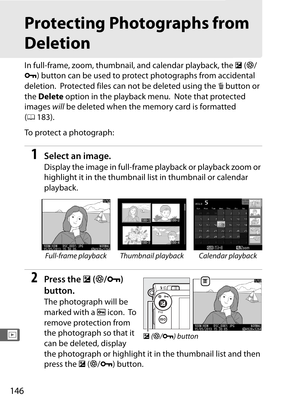 Protecting photographs from deletion, Button | Nikon COOLPIX-A User Manual | Page 166 / 278