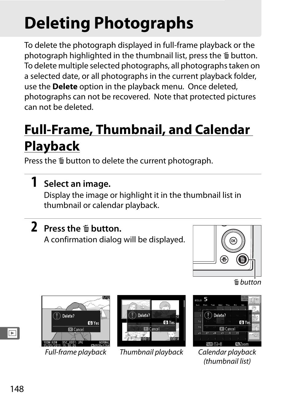 Deleting photographs, Full-frame, thumbnail, and calendar playback, 0 148), or pr | 148 f | Nikon COOLPIX-A User Manual | Page 168 / 278