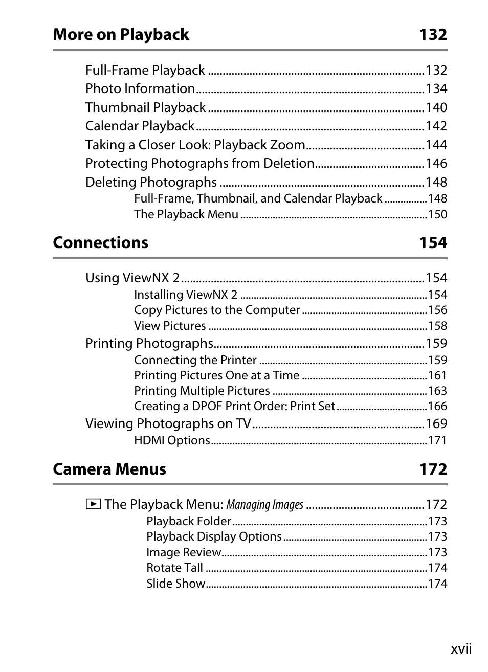 More on playback 132, Connections 154, Camera menus 172 | Nikon COOLPIX-A User Manual | Page 17 / 278