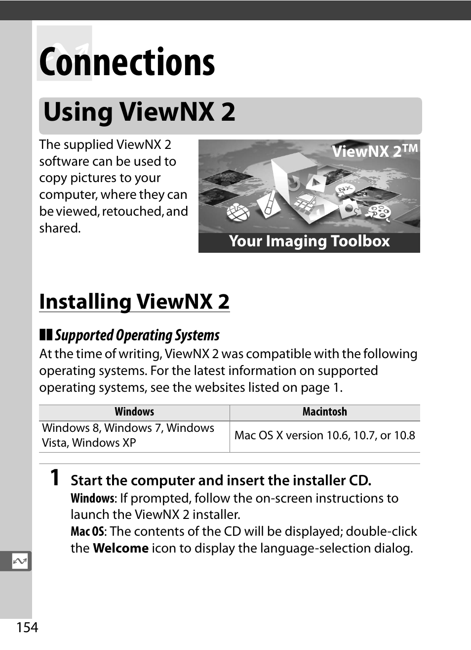 Connections, Using viewnx 2, Installing viewnx 2 | Nikon COOLPIX-A User Manual | Page 174 / 278