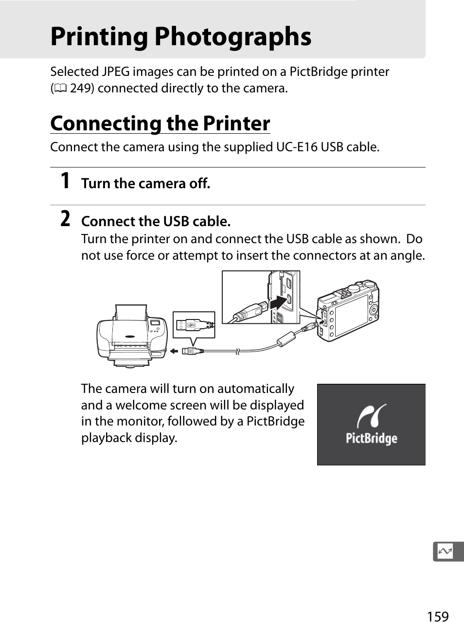 Printing photographs, Connecting the printer | Nikon COOLPIX-A User Manual | Page 179 / 278