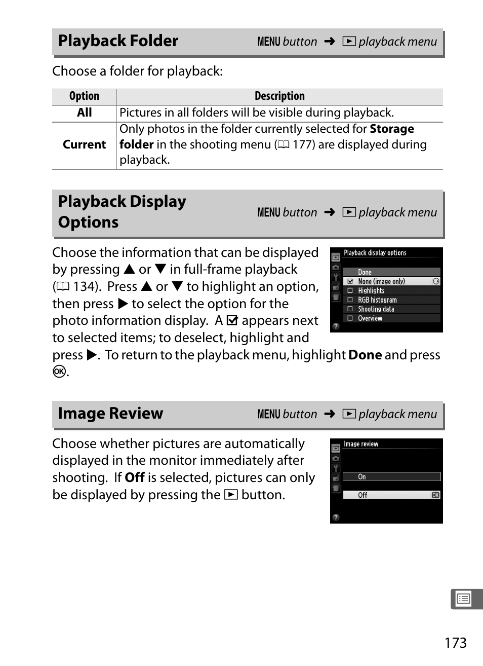 Playback folder, Playback display options, Image review | Nikon COOLPIX-A User Manual | Page 193 / 278