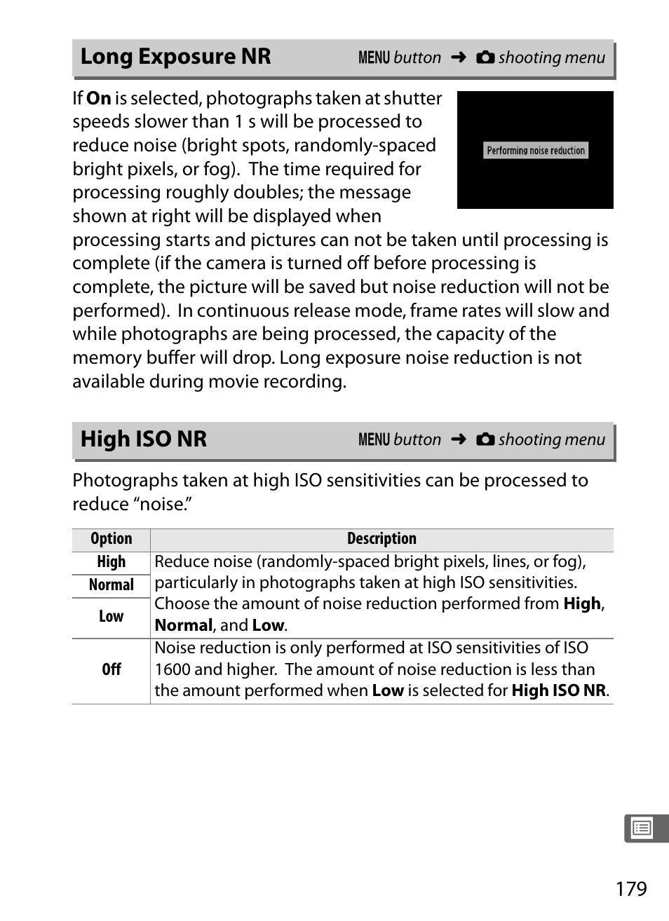 Long exposure nr, High iso nr, Long exposure nr high iso nr | Nikon COOLPIX-A User Manual | Page 199 / 278