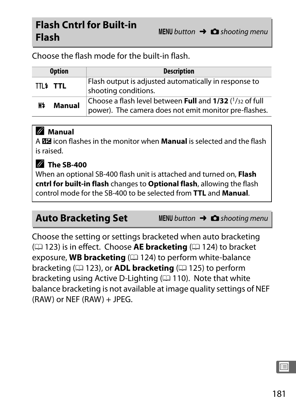 Flash cntrl for built-in flash, Auto bracketing set, Flash cntrl for built-in flash auto bracketing set | Nikon COOLPIX-A User Manual | Page 201 / 278