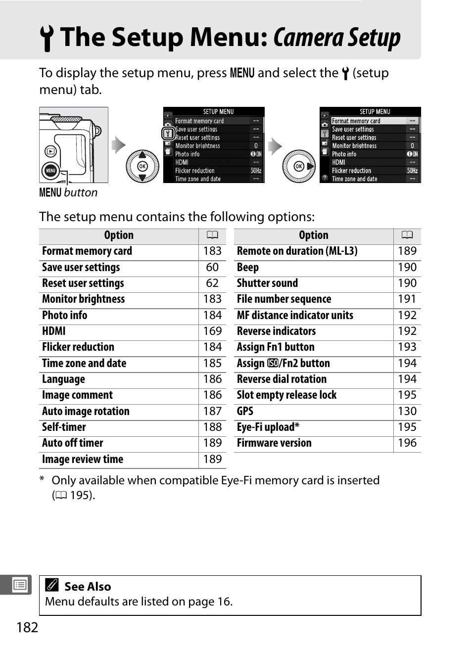 The setup menu: camera setup, B the setup menu: camera setup, 0 182); if | Nikon COOLPIX-A User Manual | Page 202 / 278