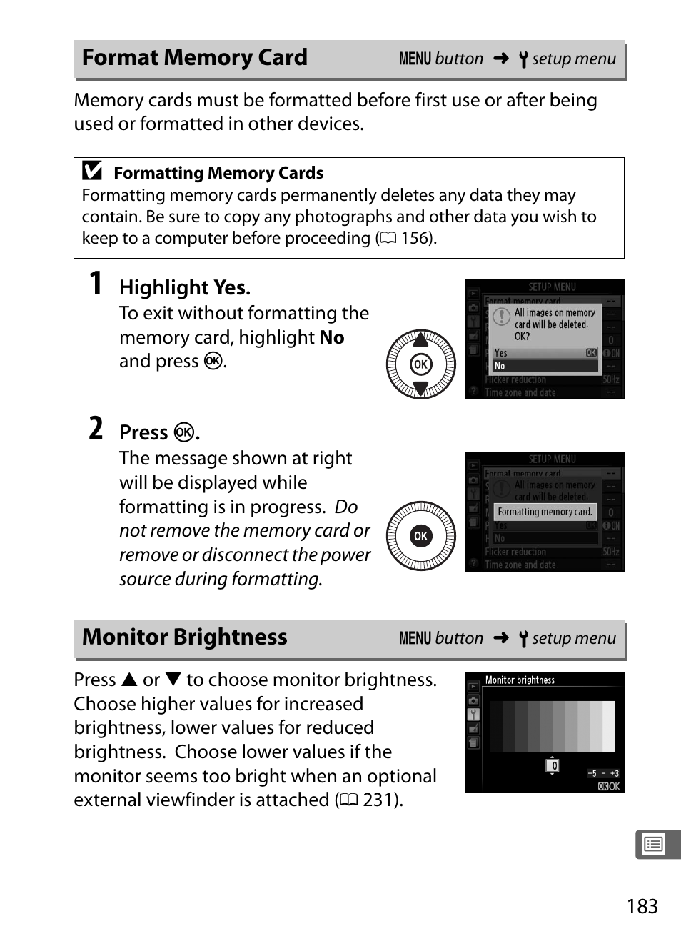 Format memory card, Monitor brightness, Format memory card monitor brightness | Nikon COOLPIX-A User Manual | Page 203 / 278