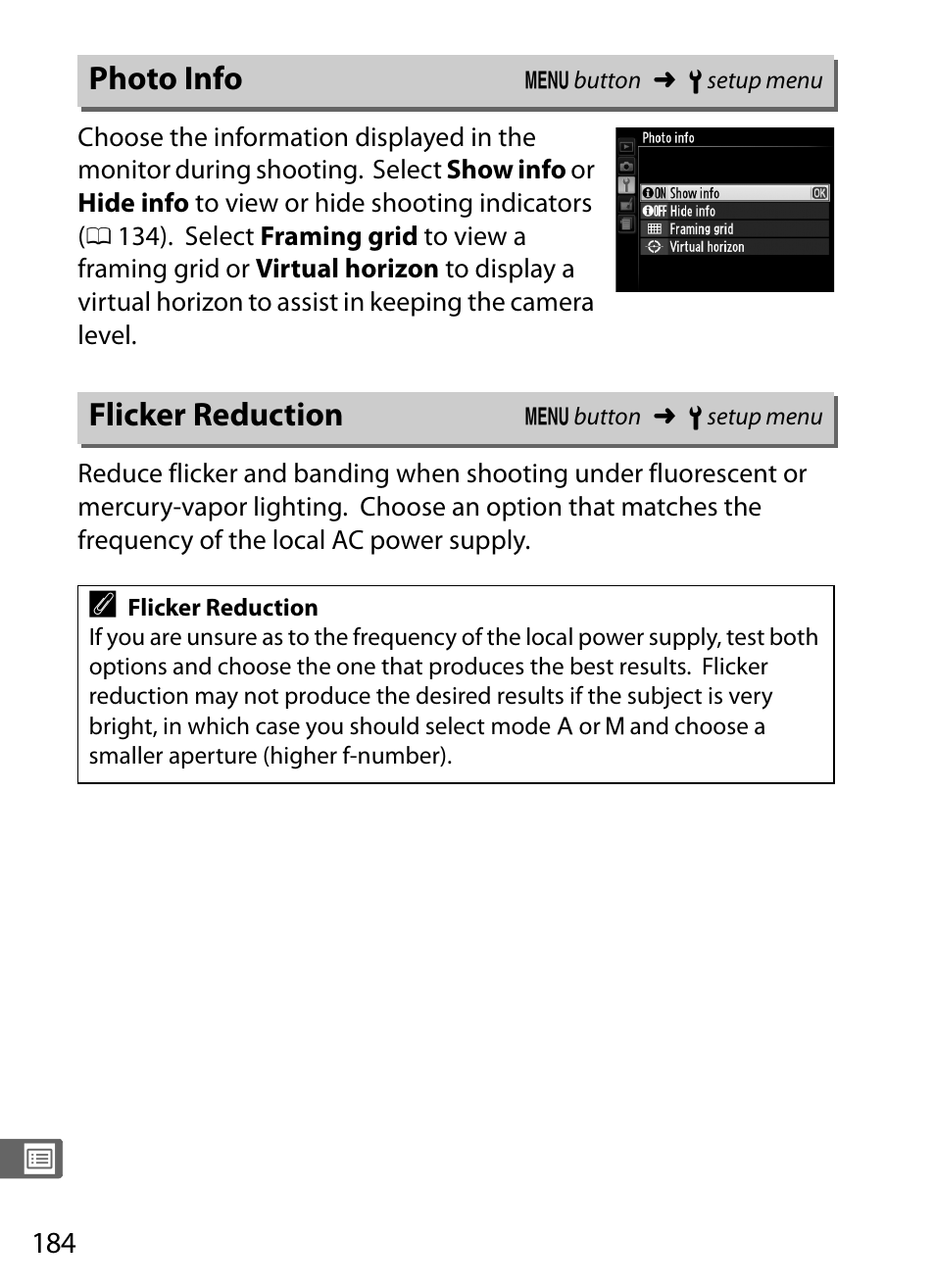 Photo info, Flicker reduction, Photo info flicker reduction | Nikon COOLPIX-A User Manual | Page 204 / 278