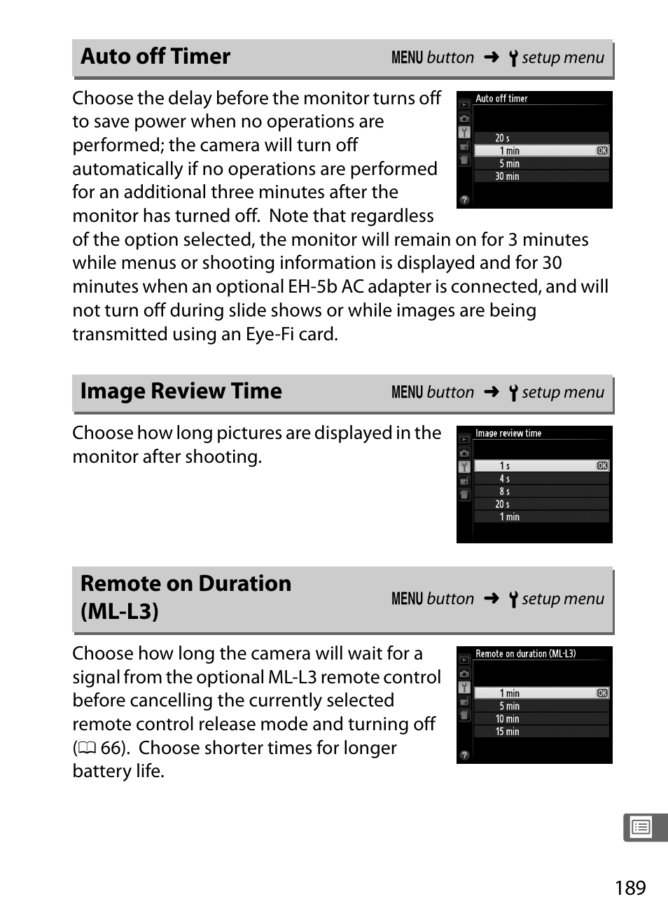 Auto off timer, Image review time, Remote on duration (ml-l3) | Nikon COOLPIX-A User Manual | Page 209 / 278