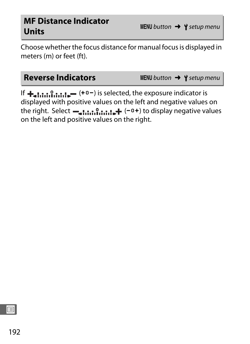 Mf distance indicator units, Reverse indicators, Mf distance indicator units reverse indicators | Nikon COOLPIX-A User Manual | Page 212 / 278