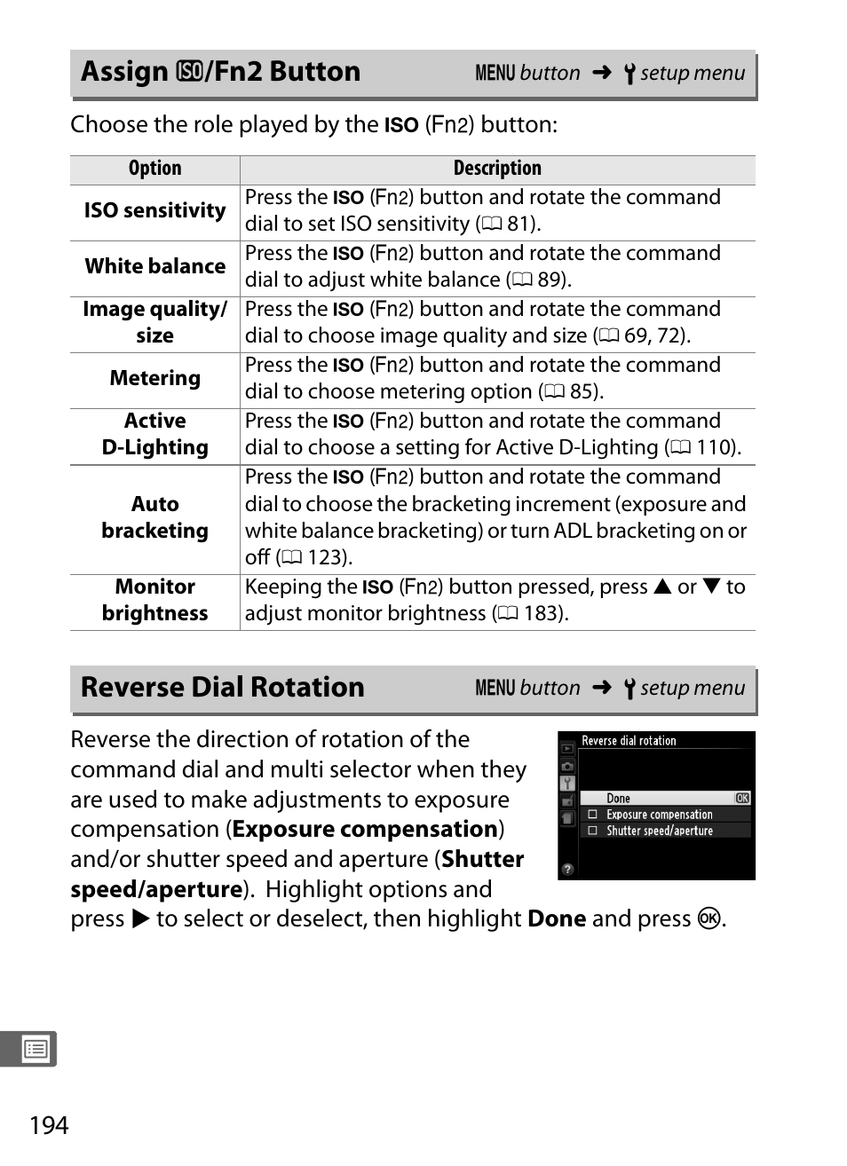 Assign iso/fn2 button, Reverse dial rotation, Assign | J/fn2 button, D (0 194), Assign j /fn2 button | Nikon COOLPIX-A User Manual | Page 214 / 278