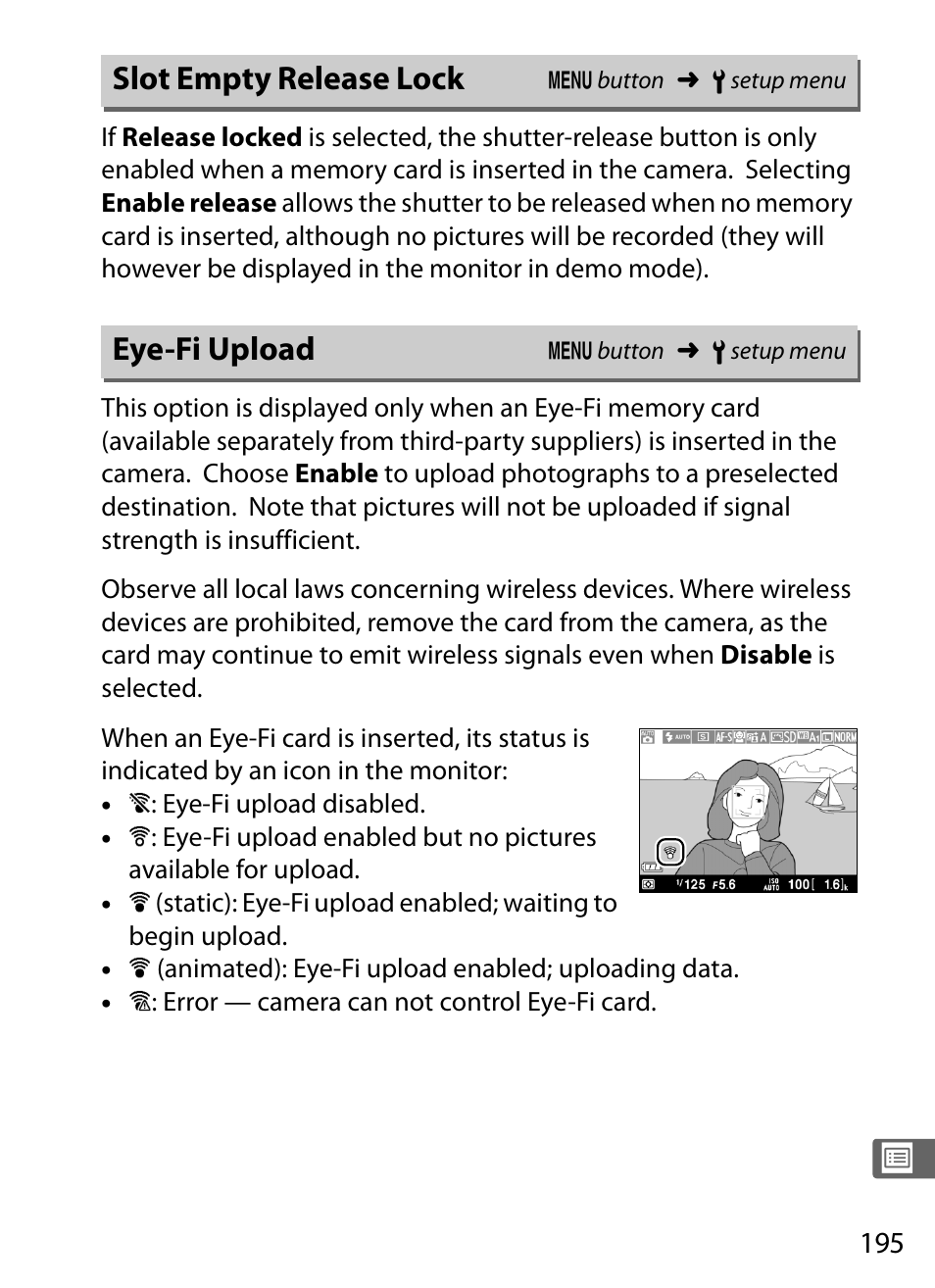 Slot empty release lock, Eye-fi upload, Slot empty release lock eye-fi upload | Nikon COOLPIX-A User Manual | Page 215 / 278