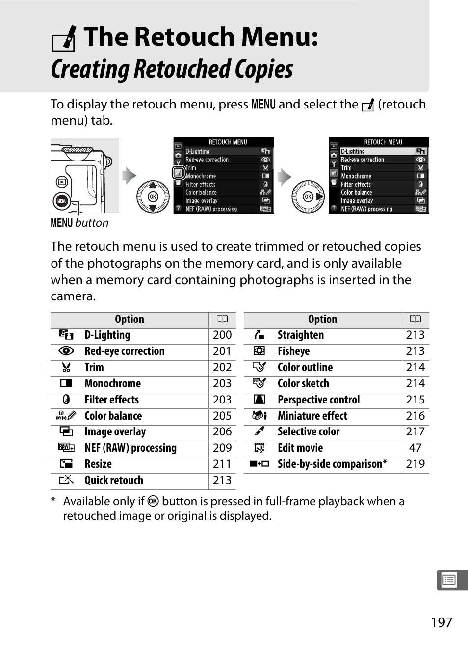 The retouch menu: creating retouched copies, N the retouch menu: creating retouched copies | Nikon COOLPIX-A User Manual | Page 217 / 278