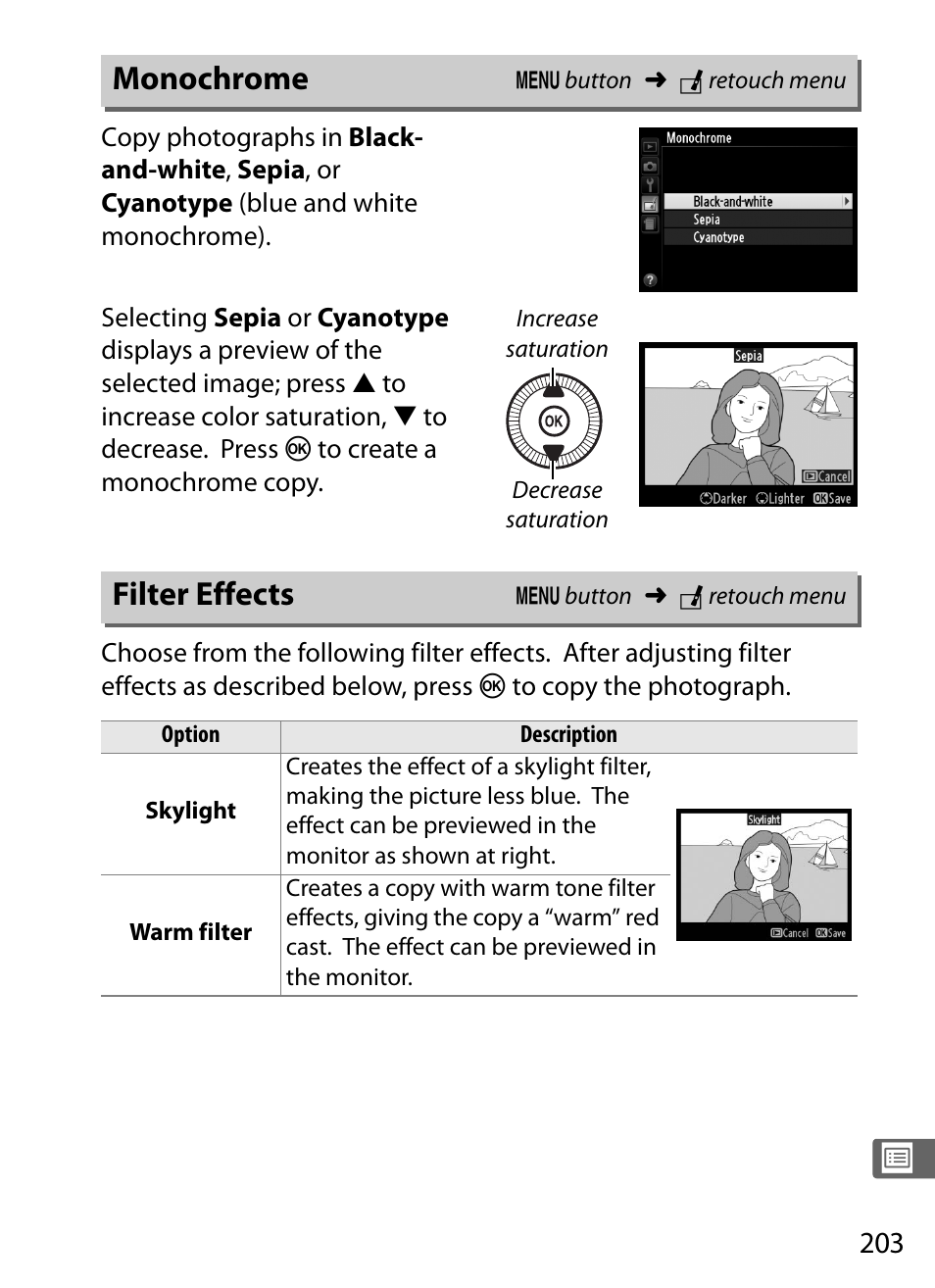 Monochrome, Filter effects, Monochrome filter effects | Nikon COOLPIX-A User Manual | Page 223 / 278