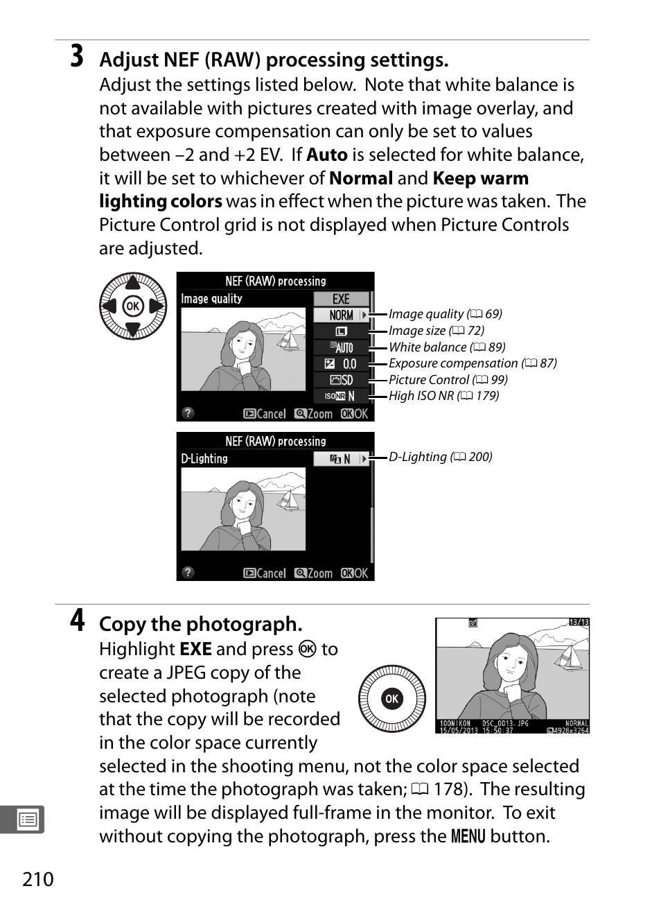 Adjust nef (raw) processing settings, Copy the photograph | Nikon COOLPIX-A User Manual | Page 230 / 278