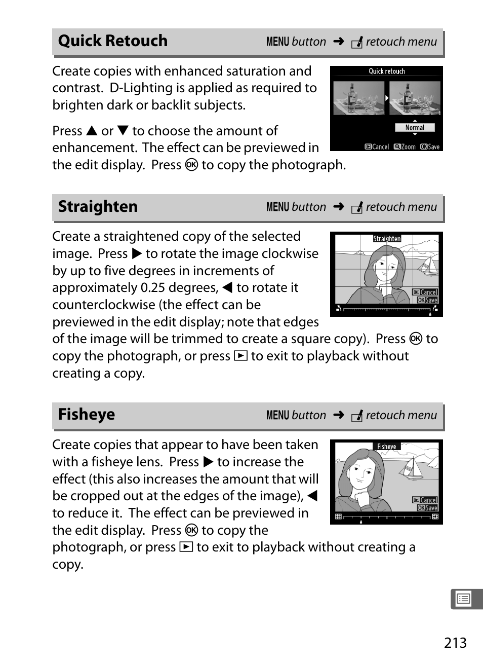 Quick retouch, Straighten, Fisheye | Quick retouch straighten fisheye | Nikon COOLPIX-A User Manual | Page 233 / 278