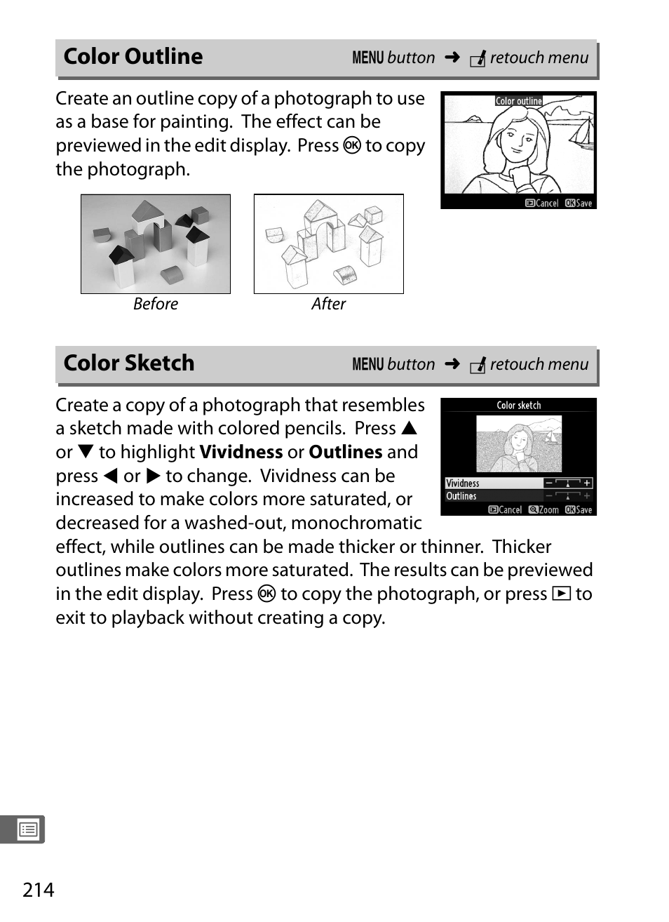 Color outline, Color sketch, Color outline color sketch | Nikon COOLPIX-A User Manual | Page 234 / 278