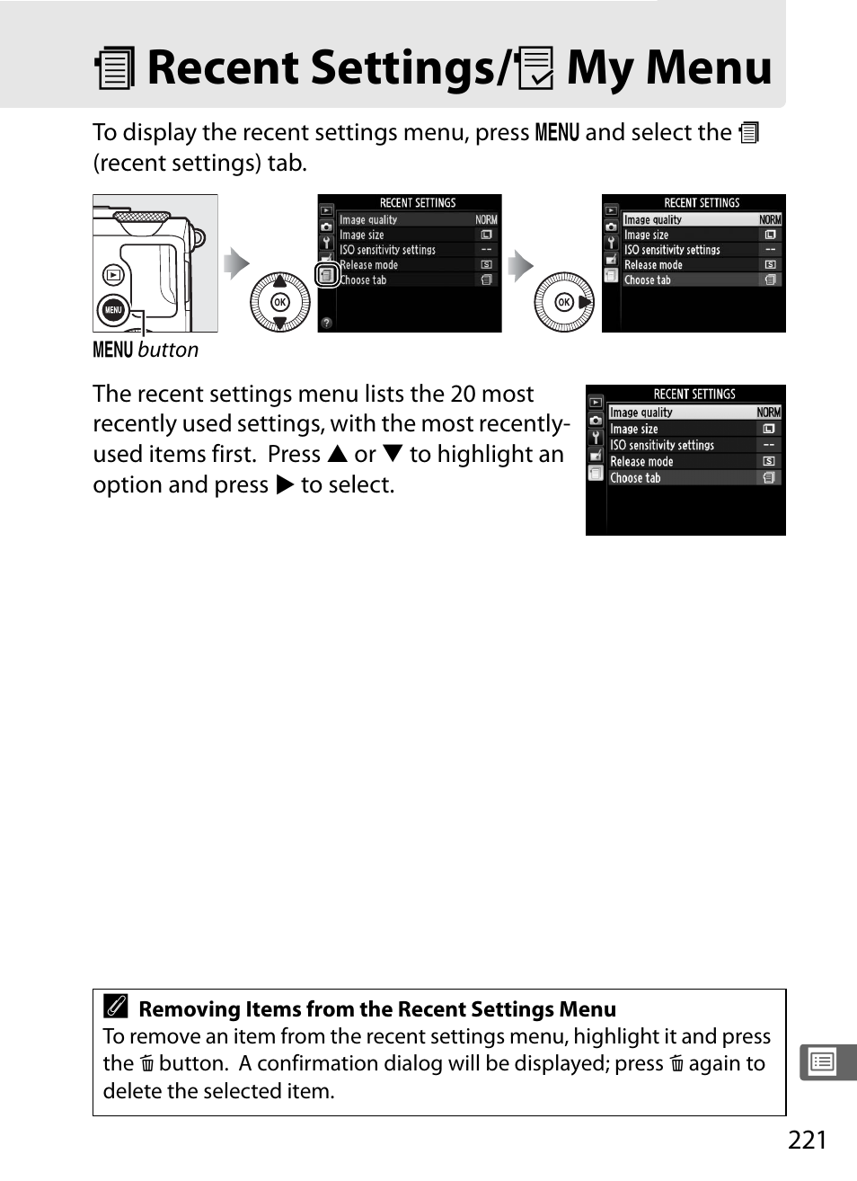 Recent settings/my menu, M recent settings/o my menu, M recent settings/ o my menu | Nikon COOLPIX-A User Manual | Page 241 / 278