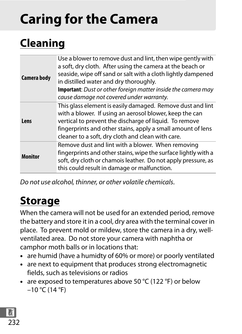 Caring for the camera, Cleaning, Storage | Cleaning storage | Nikon COOLPIX-A User Manual | Page 252 / 278