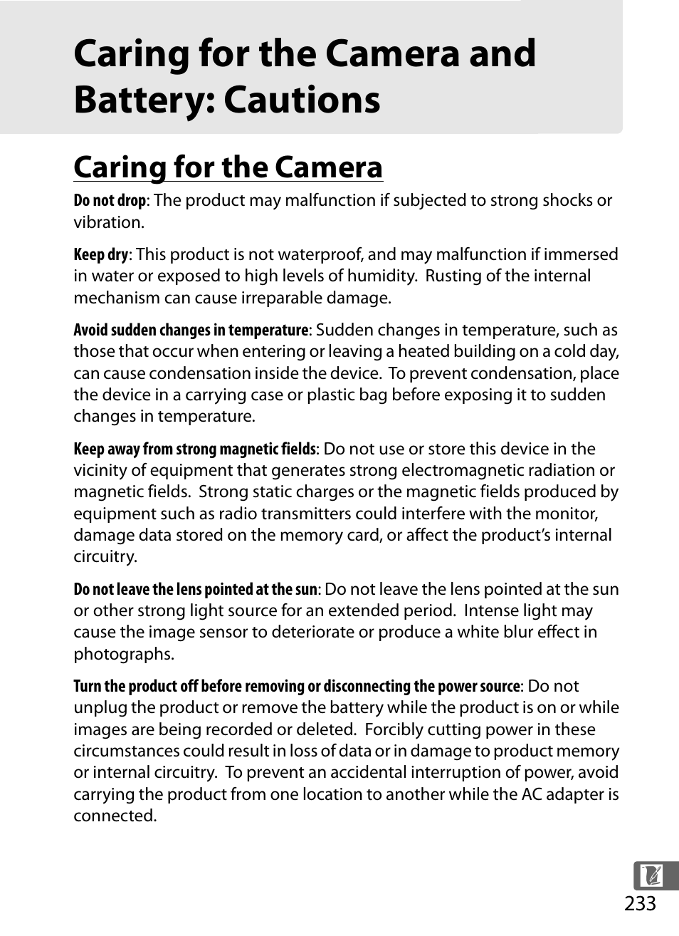 Caring for the camera and battery: cautions, Caring for the camera | Nikon COOLPIX-A User Manual | Page 253 / 278