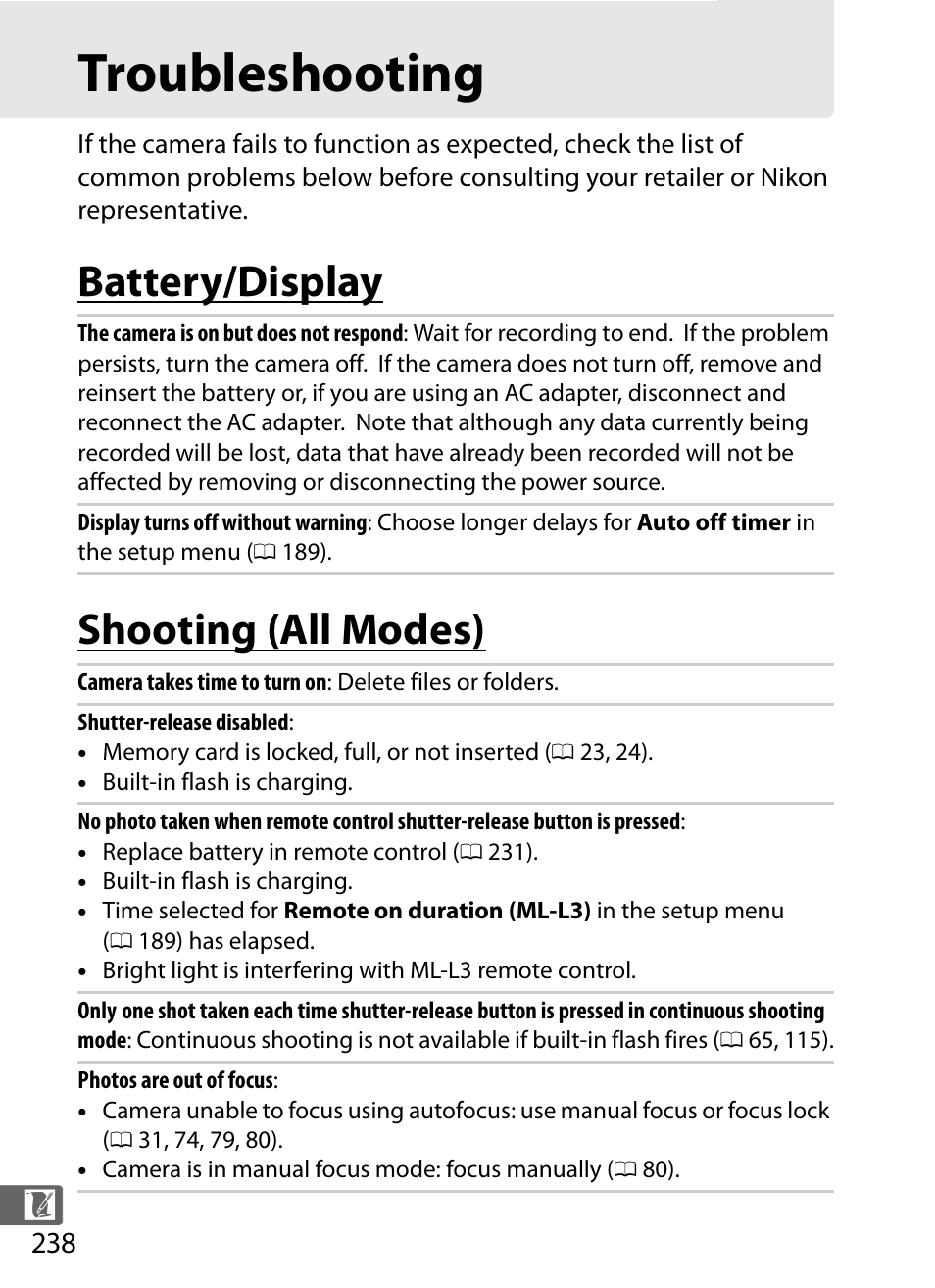 Troubleshooting, Battery/display, Shooting (all modes) | Battery/display shooting (all modes) | Nikon COOLPIX-A User Manual | Page 258 / 278