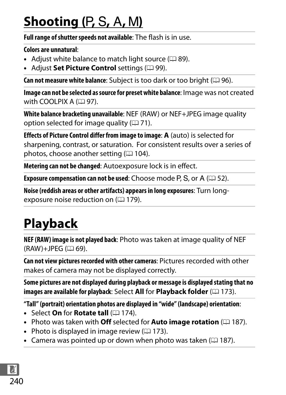 Shooting (p, s, a, m), Playback, Shooting | P, s, a, m), Shooting ( p , s , a , m ) playback | Nikon COOLPIX-A User Manual | Page 260 / 278